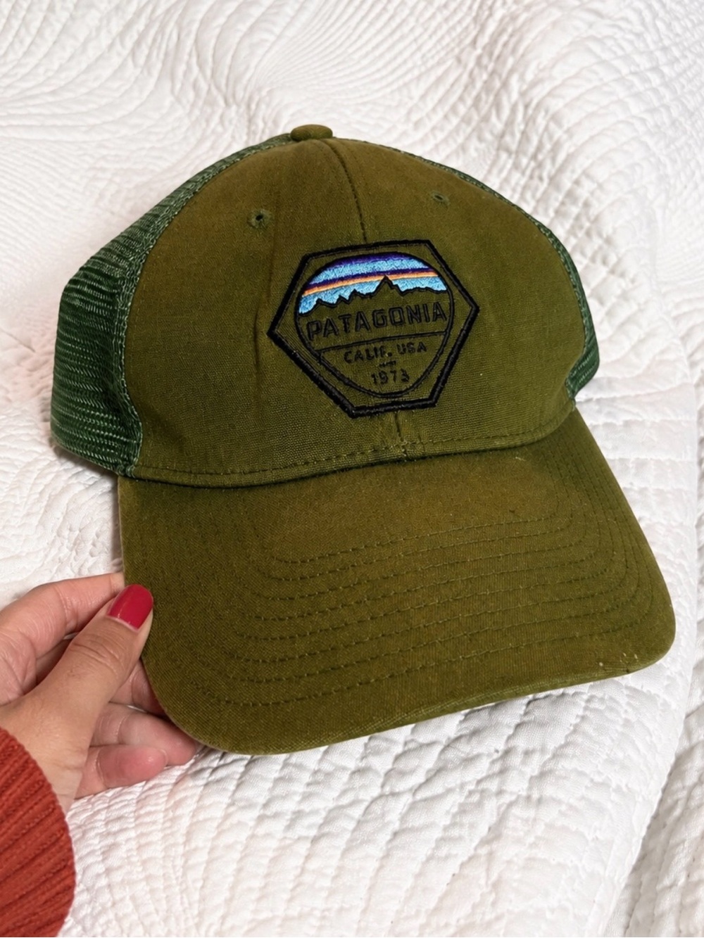 Patagonia Green Mesh-Back Trucker Hat with Mountain Patch